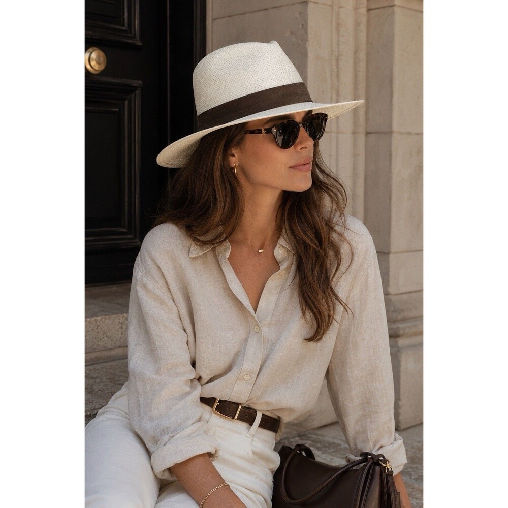 Janessa Leone Marcell Hat M Bleach White Straw Fedora Brown Suede Band USA Chic